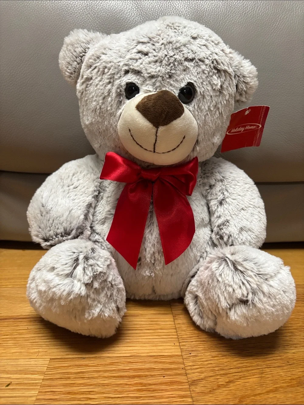 Plush Gray Teddy Bear with Red Bow - Soft Kids Toy